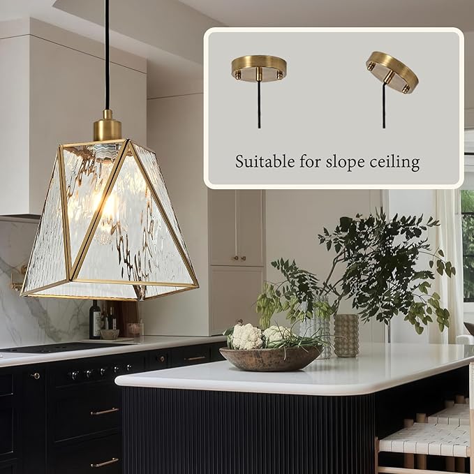Milaii Copper Brass Pendant Light with Water Ripple Glass Lampshade 10.2" Geometric Glass Pendant Lighting Adjustable Hanging Lights Fixture for Kitchen Island Dining Room Hallway