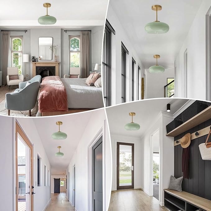 Milk Glass Ceiling Light Semi Flush Mount Ceiling Lights fixtures with Milk Green Glass Shade Mid Century Modern Flush Mount Lighting Gold Brass Close to Lamp for Hallway Kitchen Sink