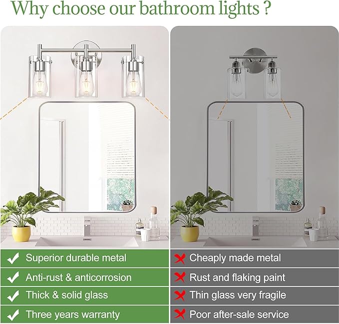 Indoi 3-Light Brushed Nickel Bathroom Vanity Light Fixtures, Clear Glass Shade Wall Sconces for Mirror, Bedroom, Living Room, Hallway