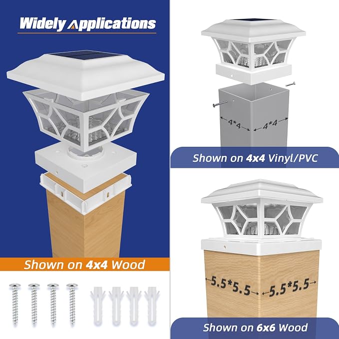 APONUO Solar Post Cap Lights 8 Pack with 1000mAh Battery - for 4x4 5x5 6x6 Fences, Larger Size & Longer Lasting, 2-Mode, IP64 Waterproof, for Deck Patio Yard (White)