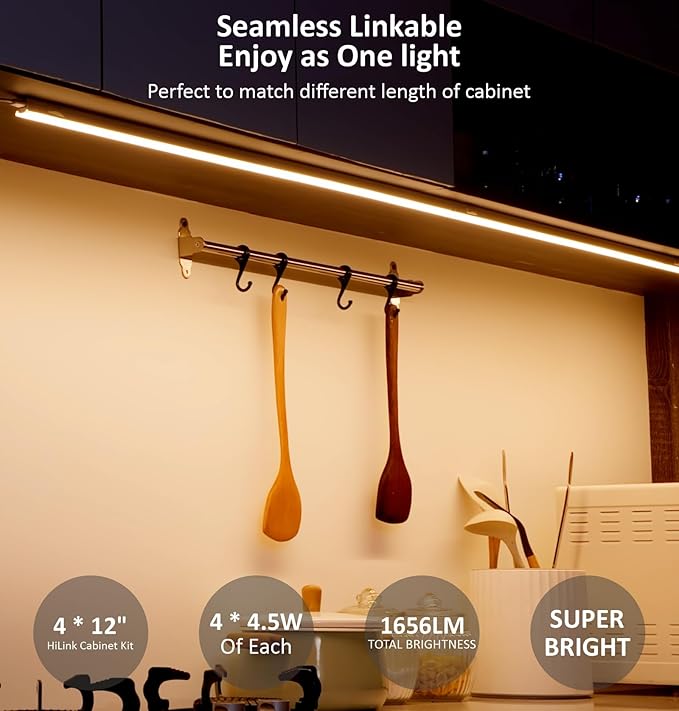 Leetdud Under Cabinet Lighting Plug in, 12 Inch 4 Pcs, Linkable AC120V 3CCT 3000K/4000K/5000K Ultra Slim, LED Under Cabinet Lights for Counter Light, Kitchen, Shelf, Sink, Workshop, Desk, White
