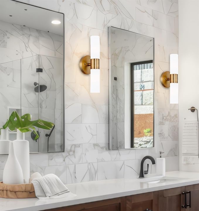 Kira Home Duo 14" Modern Wall Sconce with Frosted Glass Cylinder Shades, Linear 2-Light Wall Light, Warm Brass Finish