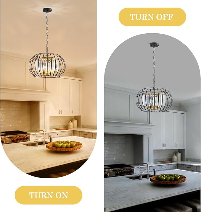 Black Gold Crystal Chandeliers 17.7" Modern 4-Light Cage Pendant Lighting Fixture Adjustable Farmhouse Round Chandeliers for Dining Room Bedroom Kitchen Island Hallway Foyer