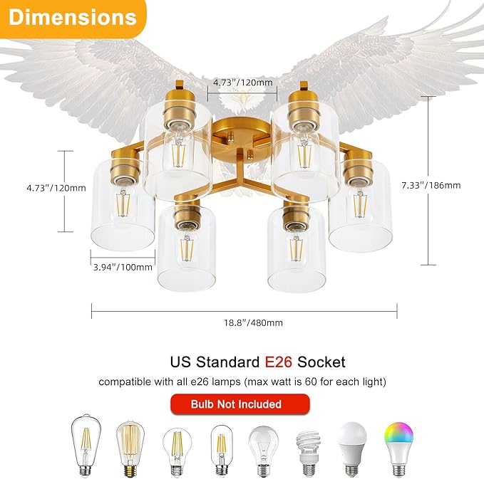 YYT Gold Ceiling Light Fixture Mid-Century Kitchen Ceiling Light Fixtures Modern Gold Semi Flush Mount Light 6-Light Fixtures for Dining Room Brass Cieling Lights with Glass Shade