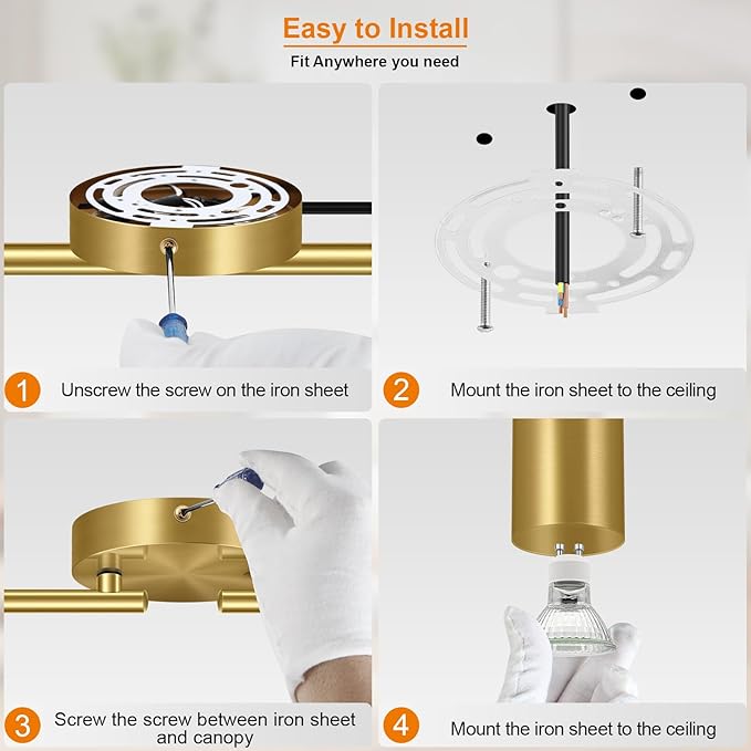 Plug in Track Lighting LED, Track Lighting Fixtures Ceiling Gold, 4-Light Kitchen Light Kit, Plug in Wall Light with 14.8ft Power Cord, Rotatable Ceiling Spotlight for Bedroom(GU10 Socket, NO Bulb)