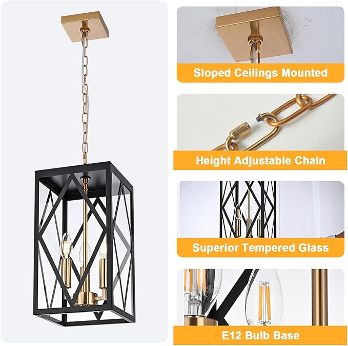 3-Light Outdoor Pendant Lights for Porch 15.7'' Outdoor Chandelier Black & Brushed Brass Exterior Hanging Porch Light Fixtures w/Clear Glass, Waterproof Outside Pendant Lantern for Front Door