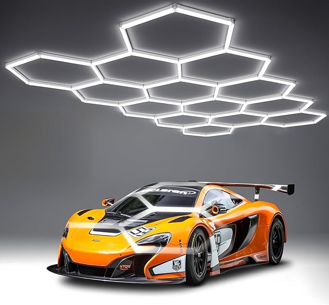 14-Hexagon LED Garage Light, 600W 60,800LM Honeycomb Ceiling Light with T5 Tube Rectangle, 6500K Ultra Bright Hexagon Light for Garage, Auto Detailing, Workshop (57PCS Panels)