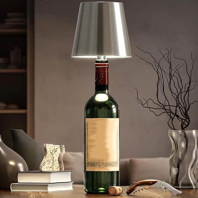 Neioaas Wine Bottle Lamp, 3 Color Light Dimming Metal Wine Bottle Light, Rechargeable Waterproof Bottle Touch Lamp Head with for Home,Bar,Camping,Travel,Restaurants, Party, Decor & Gifts(Silver, 1PC)
