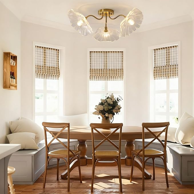 Mid Century Modern Close to Ceiling Light Fixtures Flower Flush Mount Ceiling Lights Glass Chandelier 3-Light Gold Brass Overhead Light Sputnik Ceiling Lighting for Dining Living Room