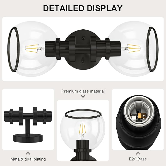 Wall Sconces Set of Two, Black Bathroom Sconces with Clear Glass, Hardwired Modern Wall Light Fixtures for Bathroom,TV Room,Mirror,Living Room,Hallway,Bedroom