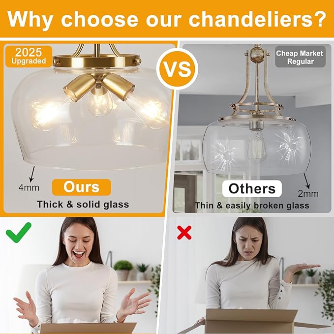 14.2" Modern Pendant Lights Kitchen Island, 3-Light Gold Pendant Light Fixtures with Clear Glass Shade, Industrial Hanging Pendant Lights Fixture for Kitchen Island, Dining Room, Bedroom, Entryway