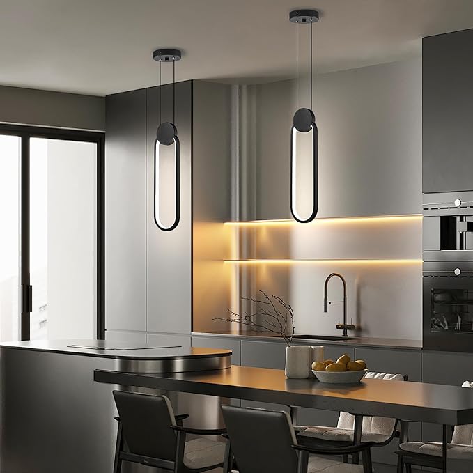 Modern Pendant Lights 2 Pack, Black LED Pendant Light 3000K Dimmable, Adjustable Height Oval Pendant Light Fixtures for Kitchen Island Bedroom Bathroom