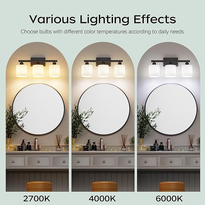 PARTPHONER Bathroom Light Fixtures, Bathroom Lighting Fixtures Over Mirror, Interior Classic Vanity Lights, Modern Vanity Light with Textured White Glass Shade, Matte Black, 3-Light