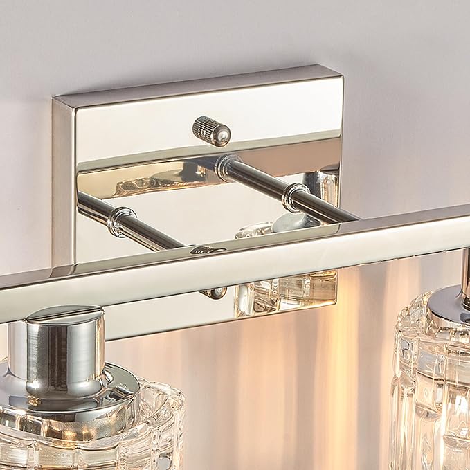 2 Light Silver Chrome Bathroom Vanity Light Over Mirror, Modern Vanity Lighting with Crystal Glass Shade, Wall Mount Bathroom Light Fixtures, E26 Base