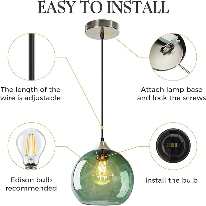 7.1in Medium Green Glass Pendant Light for Kitchen Island, 2-Pack with Extra LED Bulbs & 4.92ft Adjustable Cord | Modern Minimalist Lighting for Dining Room, Living Room, Entryway