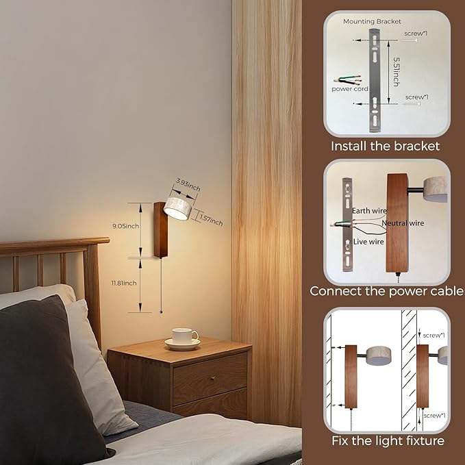 LED Wood Wall Sconce with Pull Chain Switch, Black Walnut Base with Rotatable Yellow Travertine Stone Lampshade, Built-in LED Light, Modern Rustic Bedside Wall Light for Bedroom, Living Room, Hallway