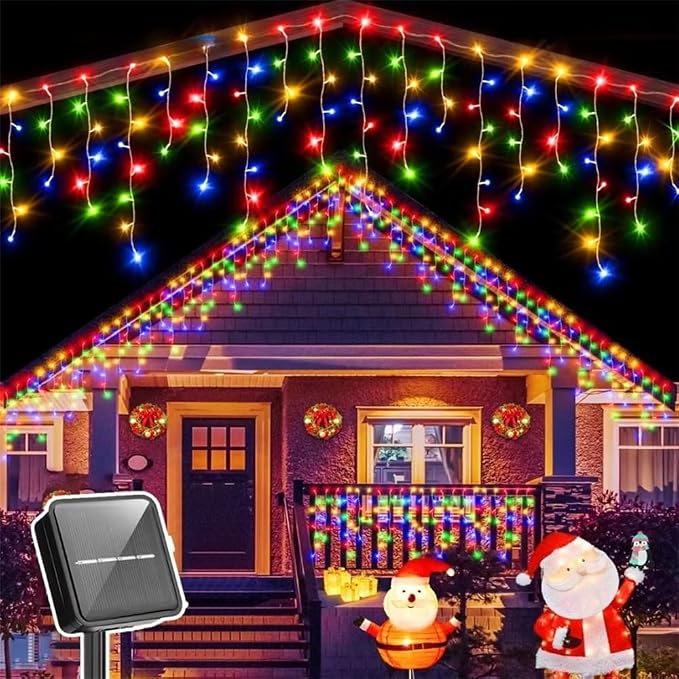 Sherno 1Pcs LED Solar String Lights, 8 Modes Icicle Curtain Lights, Outdoor Fairy Lights for Christmas, Garden, Party Decoration (Multicolor, 137.8inch 96LEDs)