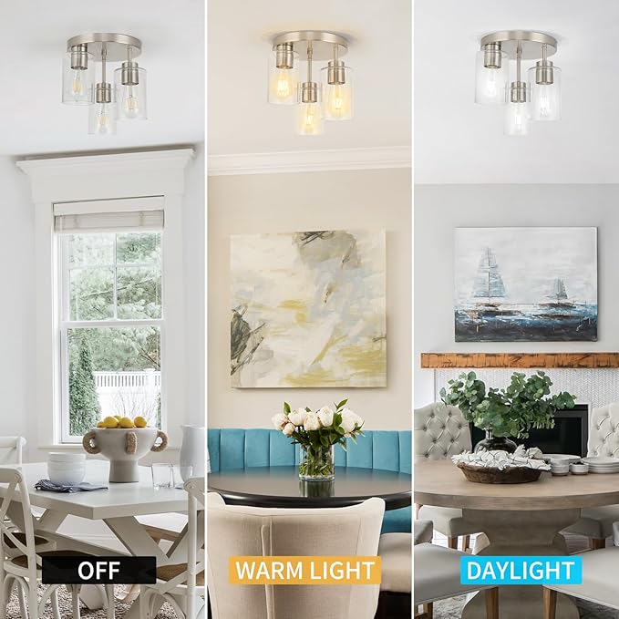 Semi Flush Mount Ceiling Light Fixture Brushed Nickel Flush Mount Ceiling Light with Seeded Glass Shades, 3-Light Modern Ceiling Light for Kitchen Hallway Entryway Island Bedroom