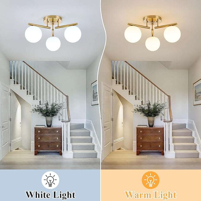 3 Light Brass Sputnik Ceiling Light Fixture, Globe Semi Flush Mount Ceiling Light, Brass Gold 21.65 '' Milky Glass Globe Mid Century Modern Light for Bedroom Hallway Living Room