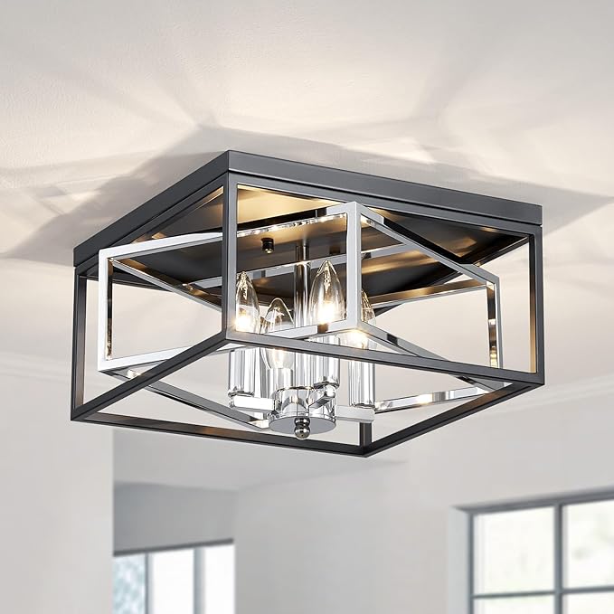 Square Ceiling Light, 4-Light Flushmount Modern Close to Ceiling Light Fixture for Living Room, Bedroom, Dining Room, L13 x W13 x H7 inch, Black & Chrome Finish Frame