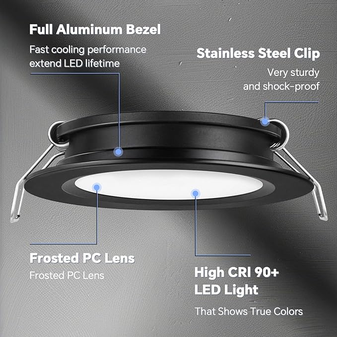 acegoo RV 2.75" Recessed LED Ceiling Light 12V Ultra-Thin Puck Light, Dimmable RV Lights Interior for Camper Van Truck Motorhome Boat Sailboat Roof Under Cabinet Lighting, 6 Pack (Black,Cool White)