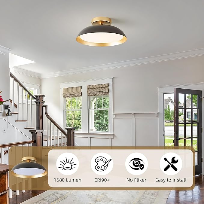 OKELI LED Flush Mount Ceiling Light Fixture, 24W Dimmable 5CCT Modern Black Gold Ceiling Light, 11.8 Inch Close to Ceiling Lighting for Bedroom Kitchen Living Room Hallway