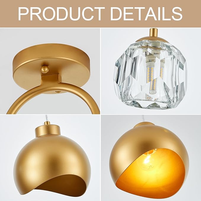 2 - Light Modern Pendant Light with Crystal Accent, Gold Pendant Light Hallway, Unique Hanging Light Fixture for Entryway Bedroom Kitchen Island