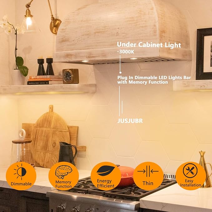 JUSJUBR 12-Inch Slim LED Under Cabinet Light with Memory Function, Warm White 3000K Dimmable USB Light Bar for Rooms