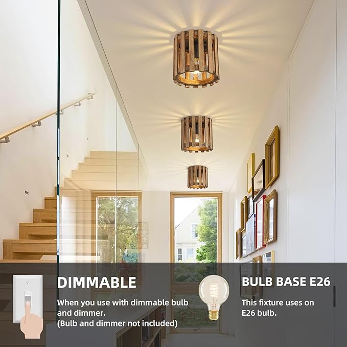 Rustic Farmhouse Ceiling Light, Wood Cage Mini Flush Mount Light, Hallway Light Fixtures for Entryway for Kitchen, Dining Room, Brown