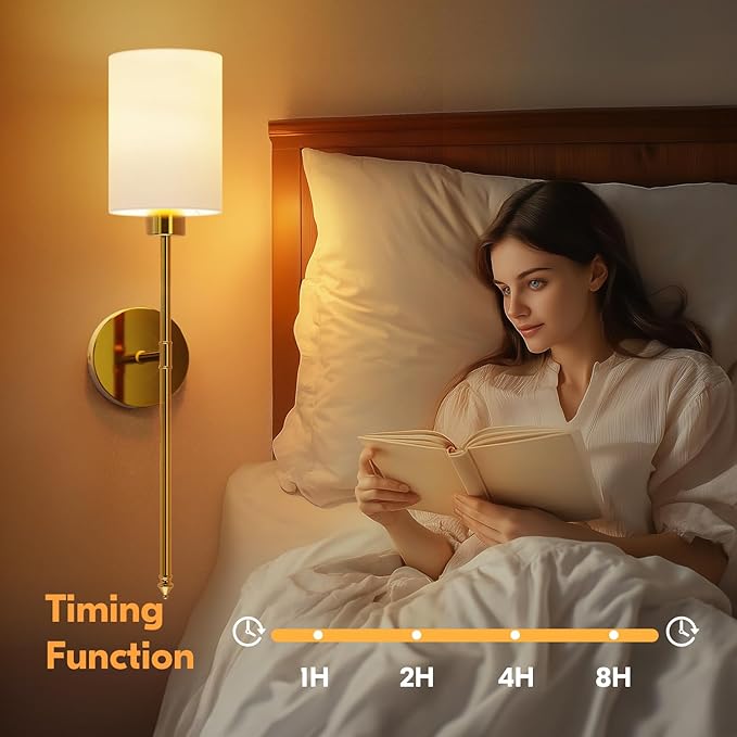 NIORSUN 24 inch Battery Operated Wall Sconce Set of 2, Gold Wireless Rechargeable Wall Lights with 5200mAh Dimmable Detachable Bulbs and Remote, 9 Colors Sconces Wall Decor for Bedroom Living Room