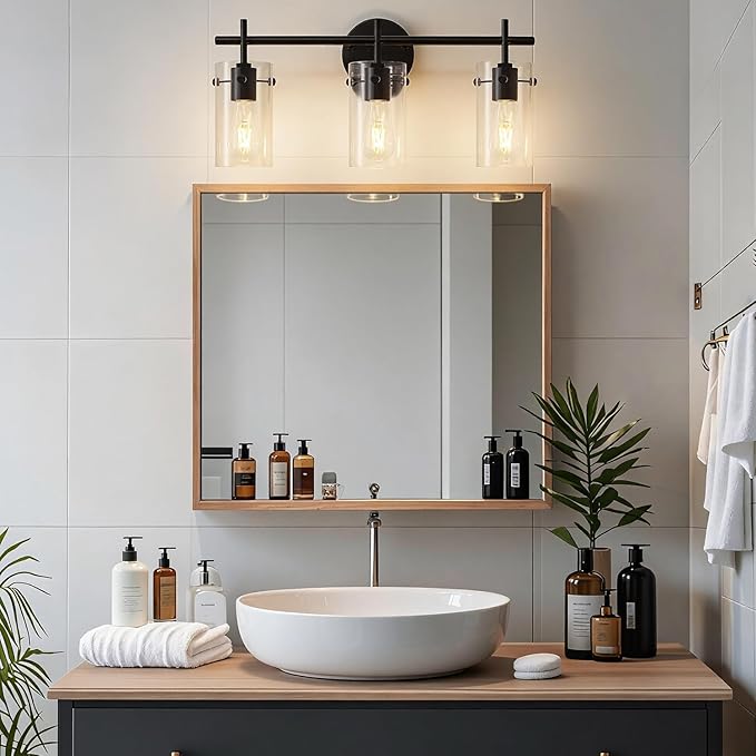Indoi Bathroom Light Fixtures, 3-Light Matte Black Vanity Light, Black Bathroom Lights Over Mirror with Clear Glass Shade, Wall Sconces for Mirror Bedroom Living Room Hallway