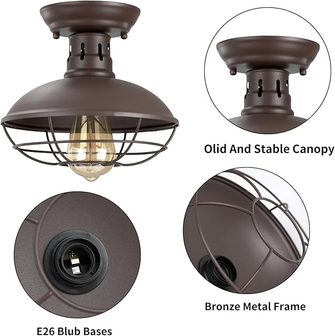 FRIDEKO HOME 2 Pack Farmhouse Flush Mount Ceiling Light Industrial Ceiling Light Fixture Rustic Copper Metal Cage Flush Mount Ceiling Light E26 Base for Hallway Foyer Kitchen Porch