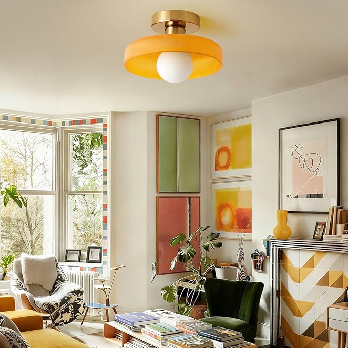 Brass Gold Semi Flush Mount Ceiling Light Fixture Vintage Glass Pendant Light Orange Dome Shade Bedroom Mid Century Modern Close to Ceiling Lights Hallway Overhead Lights Fixtures