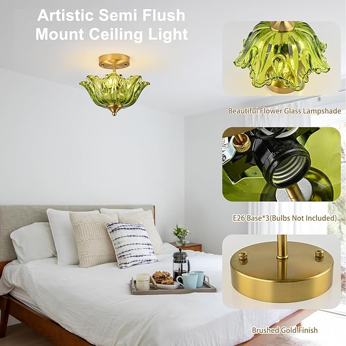 Semi Flush Mount Ceiling Light, Gold Vintage Light fixtures with Floral Green Glass Shade, Modern Close-to-Ceiling Lighting for Bedroom Kitchen Living Room Hallway