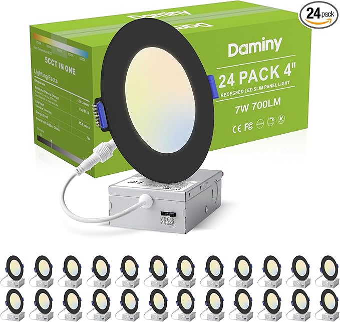 DAMINY 24 Pack 4 Inch Black LED Recessed Lighting with Junction Box,5CCT,Ultra-Thin Recessed Light,7W 700LM, Dimmable Canless Wafer Ceiling Light, High Brightness