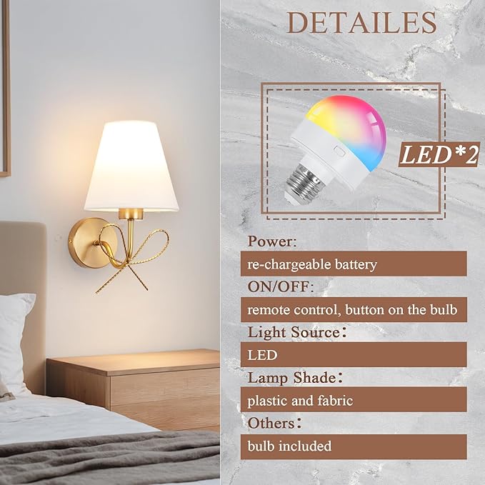 ADISUN Modern Wall Sconce Set of Two, Battery Operated Wall Sconce Remote Control Dimmable Wall Lamp Wireless Sconces for Living Room Bathroom Dining Room Corridor Staircase (2 Bulbs Included)