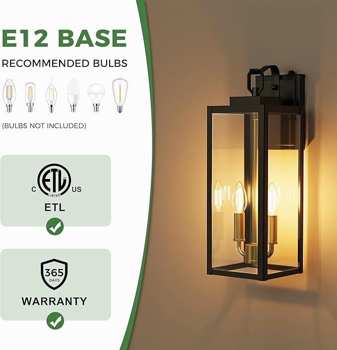 DORESshop 18" Dusk to Dawn Outdoor Wall Lights, 2-Light Black & Gold Outdoor Wall Sconce Lantern with Clear Glass, Tall Transitional Exterior Light Fixtures for Porch, Garage, ETL Listed, 2 Pack