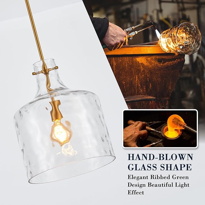 VILUXY Large Modern Glass Pendant Light Fixture Hand-Blown Hammered Glass Shade 1-Light Gold Dome Pendant Lighting for Kitchen Island Dining Room Hallway, UL Listed