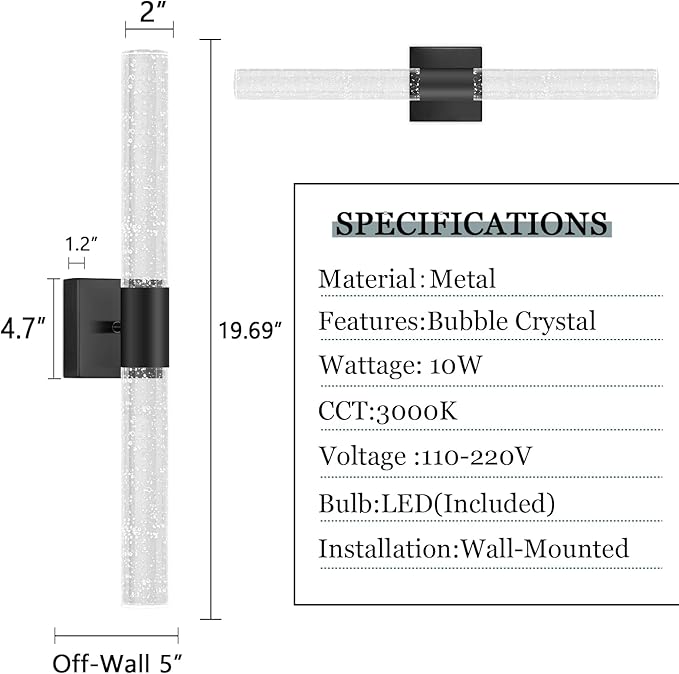 Brushed LED Wall Sconces LED Warm Light Interior Glam Crystal Wall Light Hardwired Black