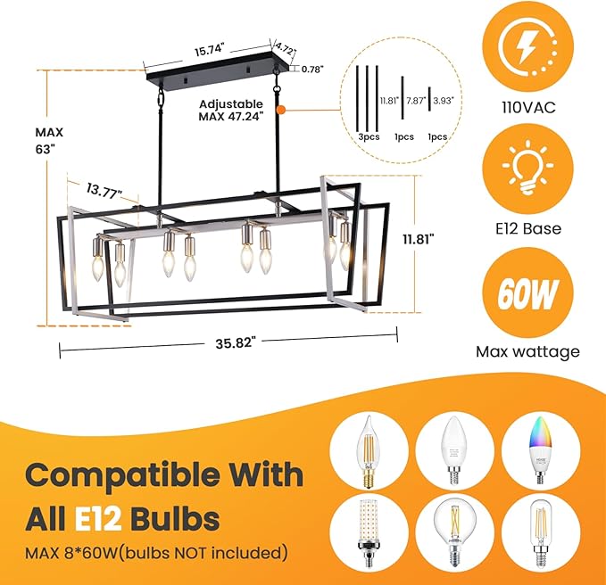 36" Dining Room Light Fixture/Chandelier Over Table, 8-Light Kitchen Island Lighting, Hanging for Farmhouse Linear Chandeliers, Black and Sliver Rectangle Chandeliers for Dining Room,E12 Socket