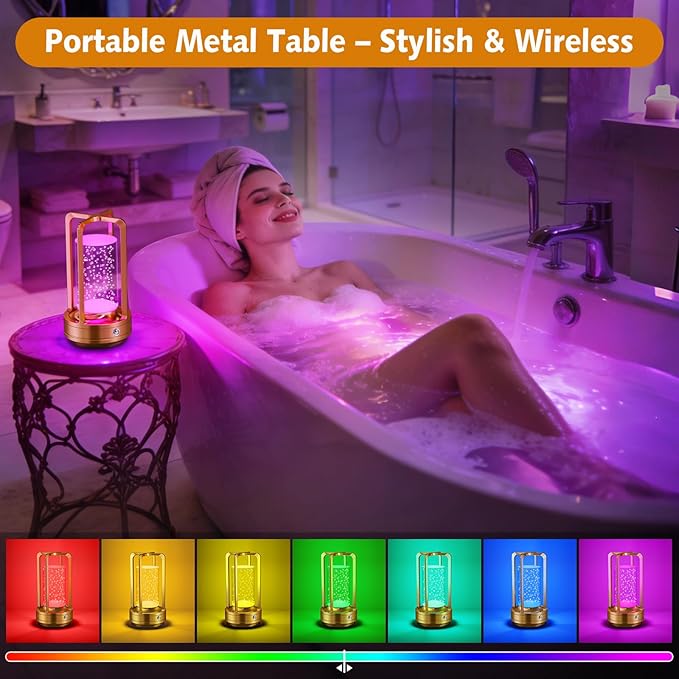 Portable Table Lamp for Outdoor Indoor: Cordless Rechargeable Desk Lamp with 10 Colors - Shower Lamp with Stepless Dimmable - Metal Battery Operated Lantern Light for Bedroom/Bar/Coffee Shop/Camping