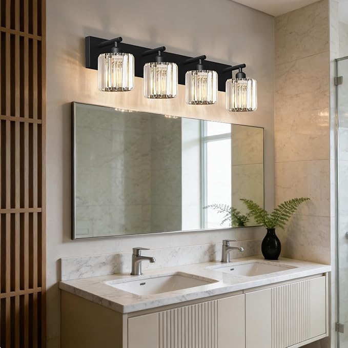 Black Crystal Bathroom Vanity Light, 4-Light Modern Bathroom Lighting Fixtures Over Mirror, Matte Black Wall Sconce Light Fixtures with Round Shade