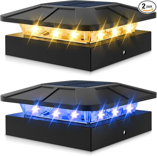 Peasur 2pack 4x4 Solar Post Lights Outdoor, Blue & Warm White LED Fence Caps Light Waterproof, Wood & Vinyl Post Top Lighting for Deck Mailbox Railing Porch Outside