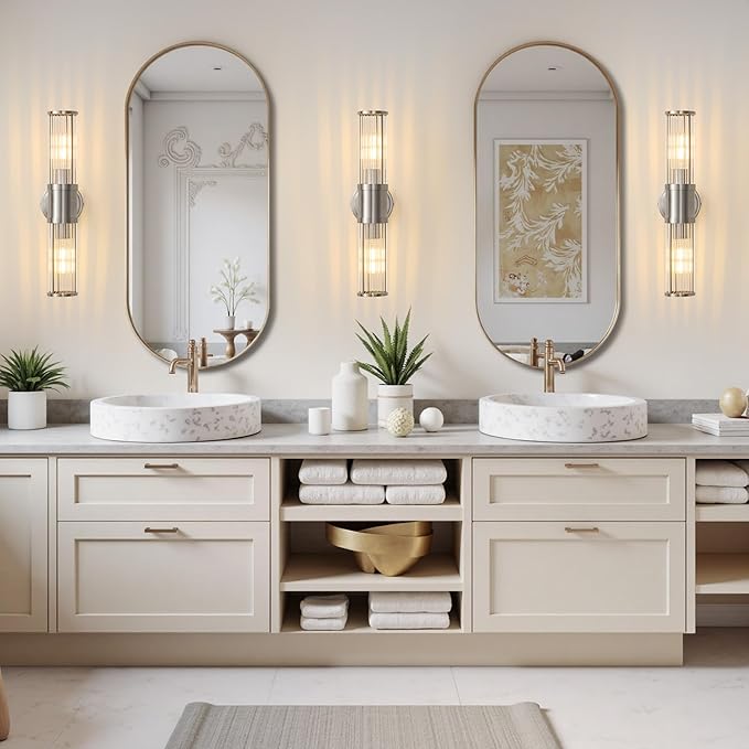 Brushed Nickel Wall Sconce Bathroom Vanity Light Fixtures for Mirror, Modern Wall Light with Glass Rod Shade for Bathroom, Bedroom, Hallway, Living Room - Bulb Not Included