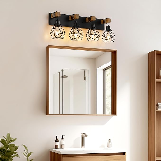 4 Light Farmhouse Vanity Light for Bathroom, Wood Bathroom Vanity Light Fixtures Over Mirror, Rustic Sconces Wall Lighting with Metal Lampshade for Living Room, Bedroom, Hallway