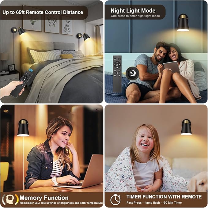 VATONI Wall Sconce Plug in, Remote Control Dimmable Wall Sconces and Adjustable Color Temperature 2700K-6000K Wall Lights with Plug in Cord, Wall Mounted Light for Bedroom Bedside(2 Pack, 2 Bulbs)