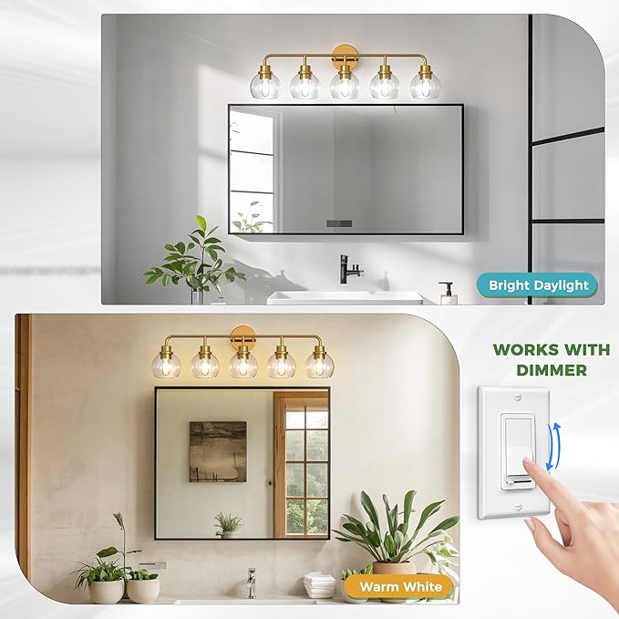 DORESshop 5-Light Bathroom Light Fixtures, 32.67-Inch Gold Bathroom Vanity Light with Clear Glass Globe Shade, Modern Vanity Lights for Bathroom Living Room Hallway Bedroom, E26, ETL Listed