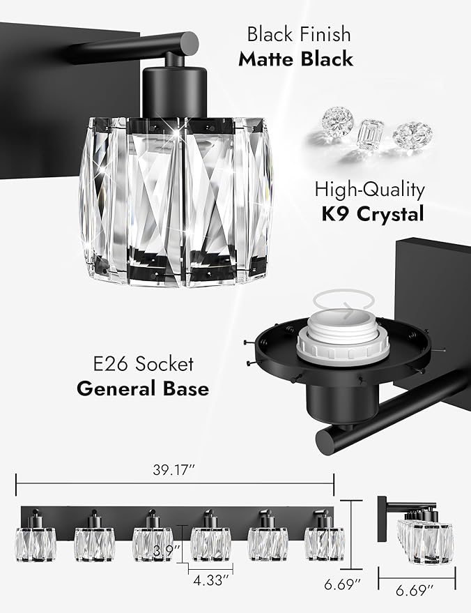 VOLISUN Crystal Vanity Lights for Bathrooms, 6 Light Bathroom Vanity Light, Modern Matte Black Bathroom Light Over Mirror, Black Bathrooms Lights Fixtures-UL Certificated(Exclude Bulb)