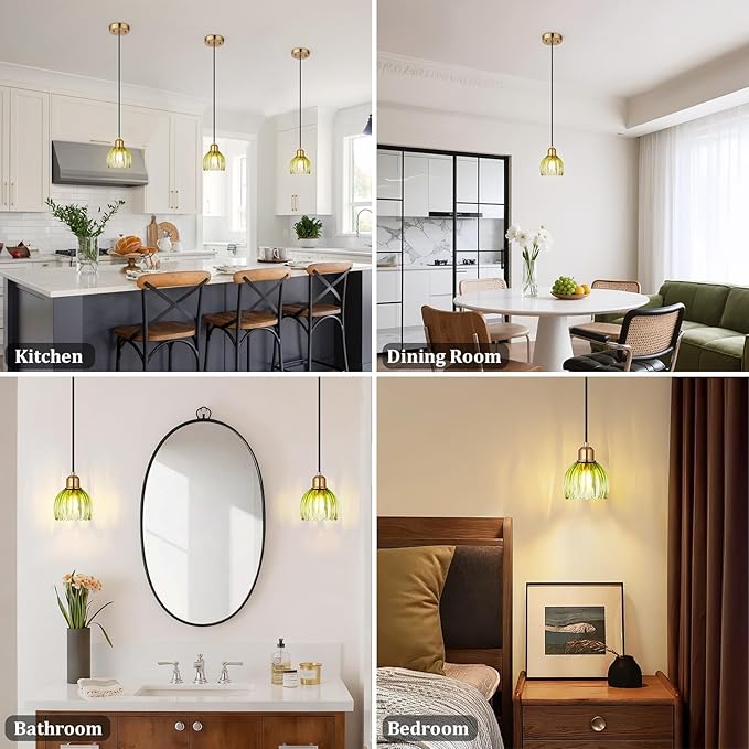 TALOYA Pendant Light with Green Tulip Glass Lampshade, Brass Vintage Pendant Light Adjustable Hanging Light for Kitchen Island Bedroom Dining Room Hallway& Bar