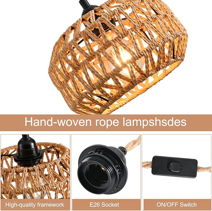 Plug in Pendant Light, Industrial Hanging Light with Plug in Cord Hemp Rope On/Off Switch Farmhouse, Vintage Hanging Lamps for Dining Room